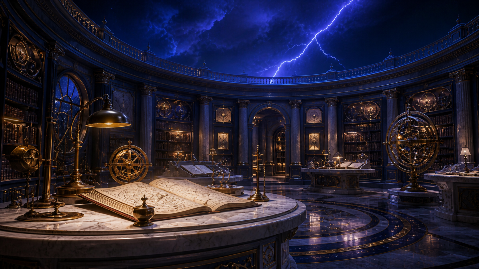 A circular celestial library with marble tables and antique gold instruments