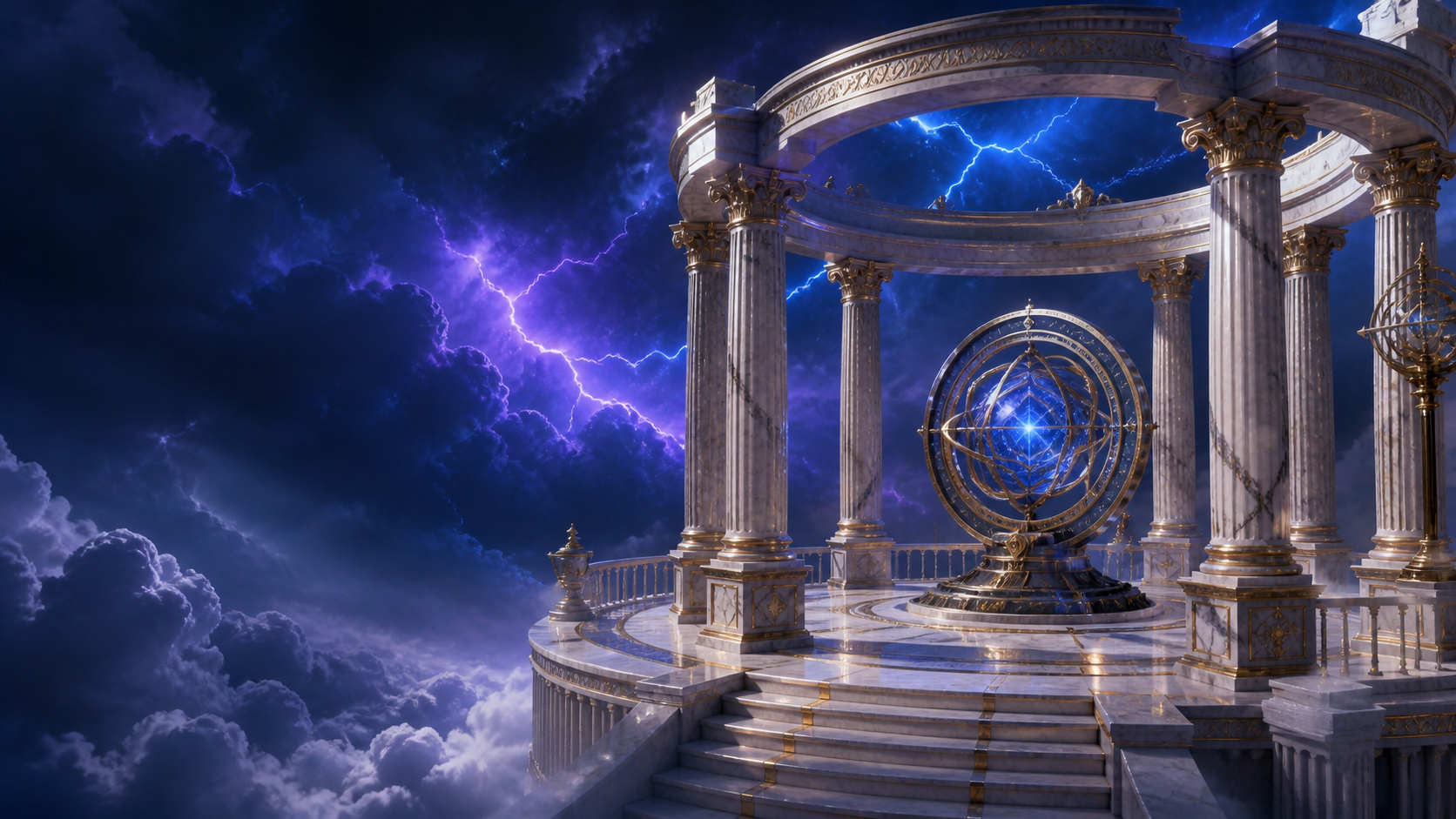 A marble observatory above storm clouds with a blue celestial instrument