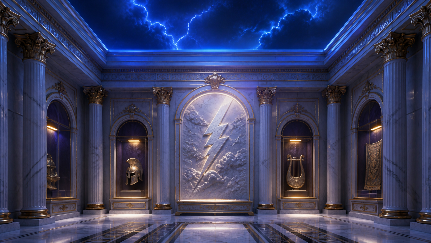 A marble museum hall displaying a thunderbolt relief, helmet, lyre and textile
